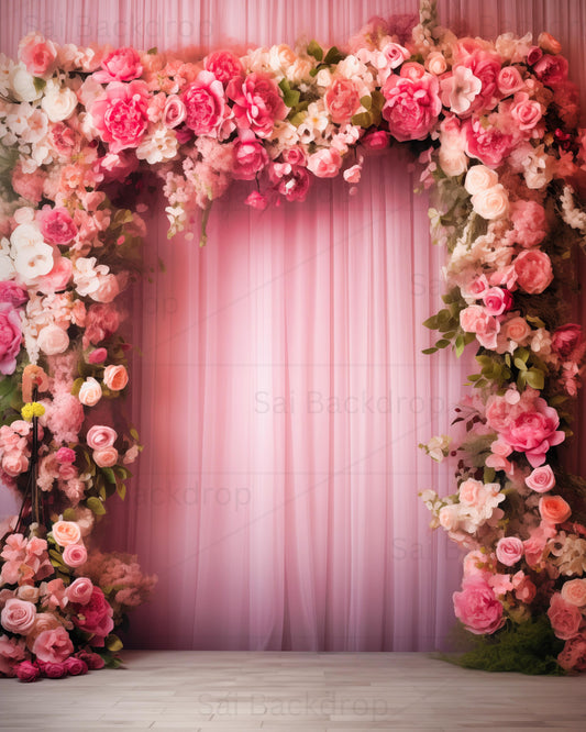 Blushing Floral Gateway with Pastel Drapery Theme Backdrop