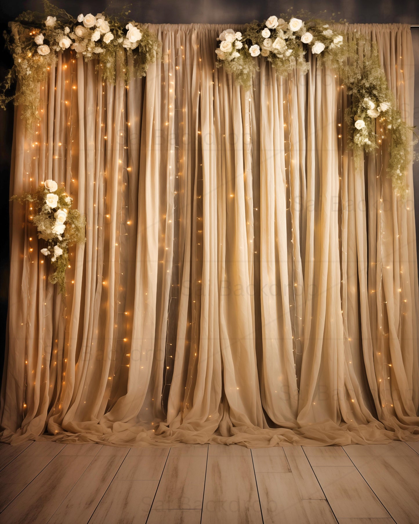 Elegant Ivory Cascade with Fairy Lights Theme Backdrop