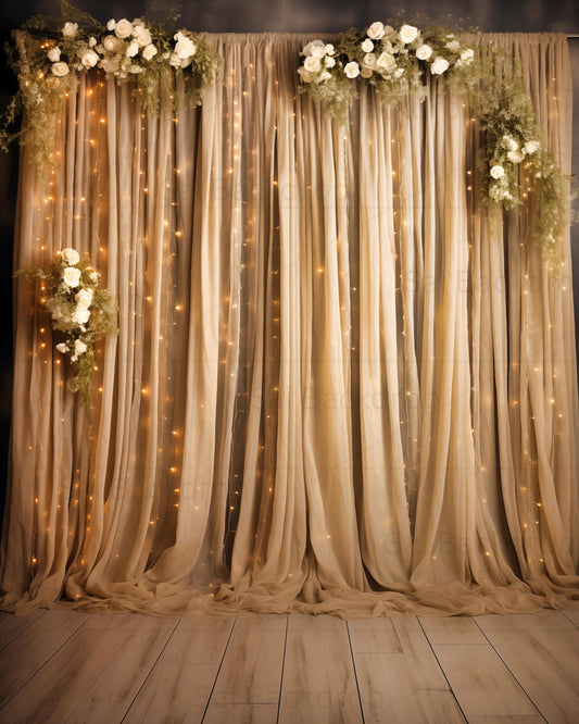 Elegant Ivory Cascade with Fairy Lights Theme Backdrop