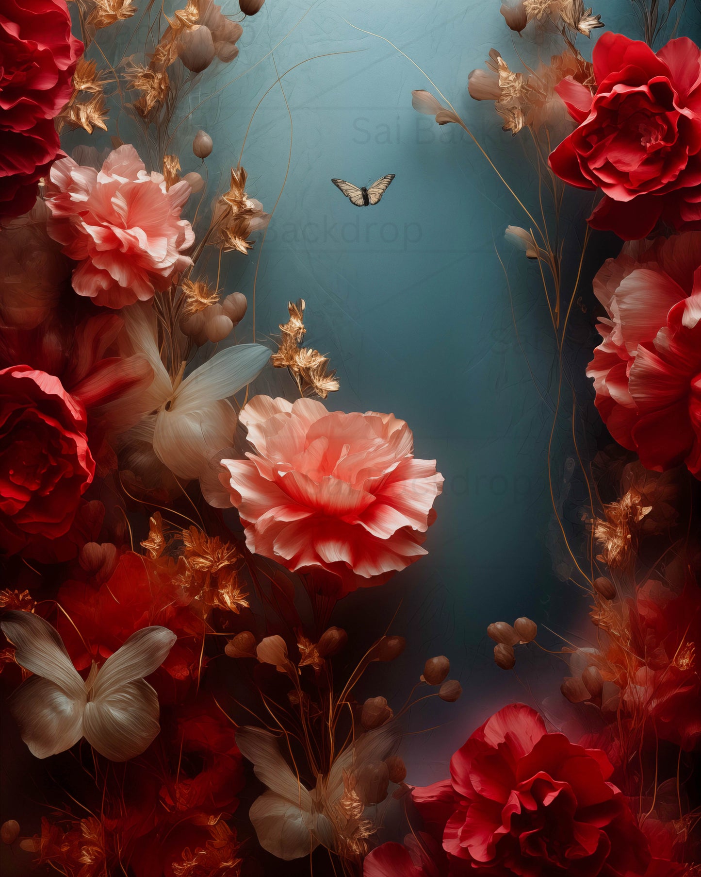 Red Floral Studio Set Backdrop