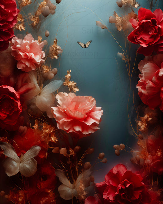 Red Floral Studio Set Backdrop