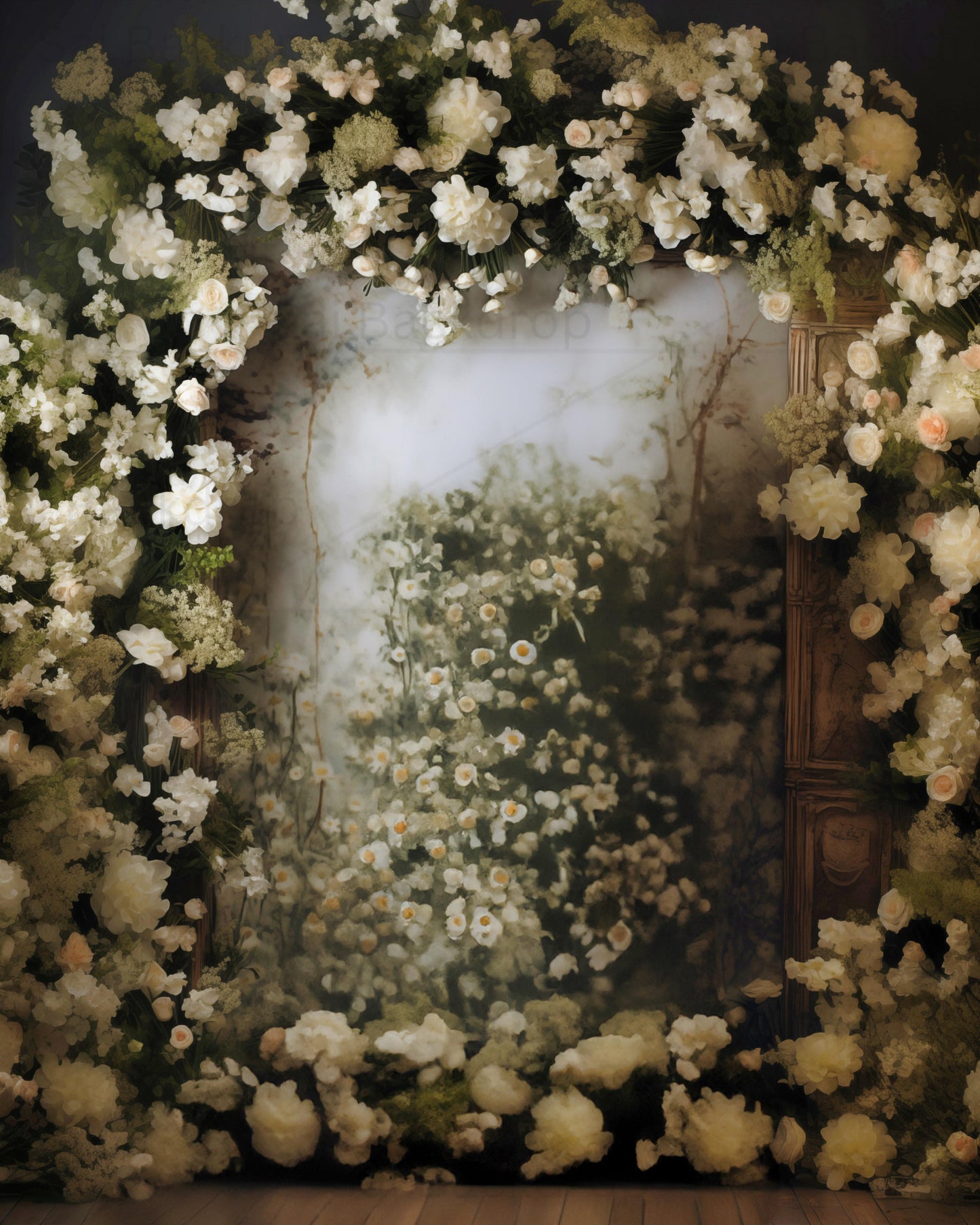 Green and White Floral Abstract Wedding Theme Backdrop