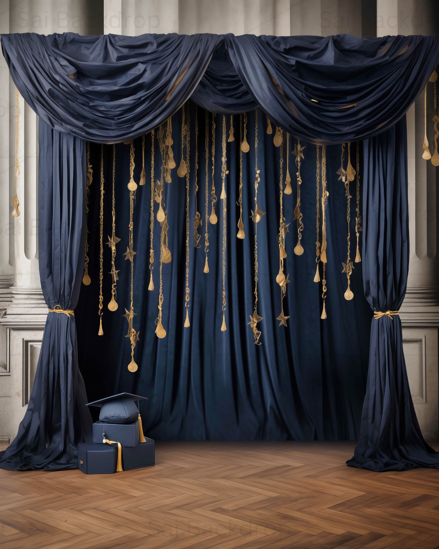 Blue Curtains Graduation Backdrop
