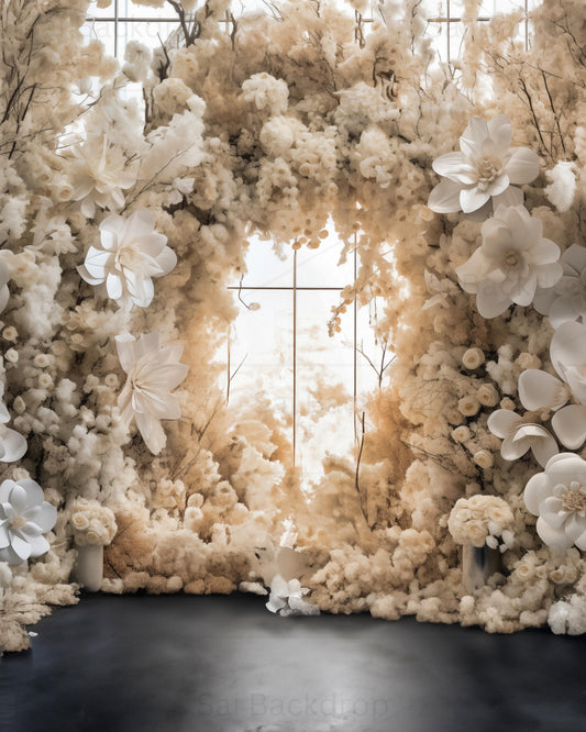 Heavenly White Floral Archway with Window View Theme Backdrop