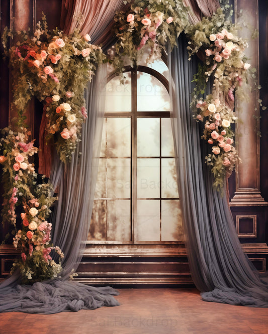 Romantic Blossom Archway with Vintage Window Theme Backdrop