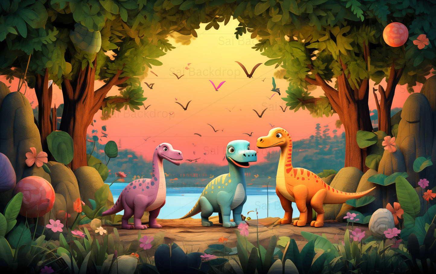 Sunset Playland with Friendly Dinosaurs Fabric Backdrop
