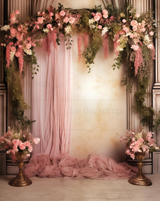 Vintage Rose Arbor with Silk Blush Curtains Theme Backdrop